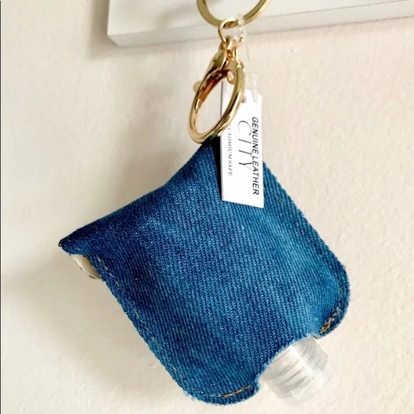 LAST ONE: Genuine leather hand sanitizer keychain holder in denim leopard - Picture 3 of 3